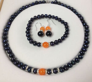 Natural Black Akoya Cultured Pearl/Orange Jade bracelets necklace earrings set