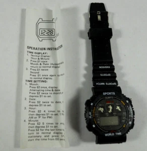 Vintage Sport World Time GMT O Digitaluhr Armbanduhr Schwarz Schnalle Bandteile - Bild 1 von 9