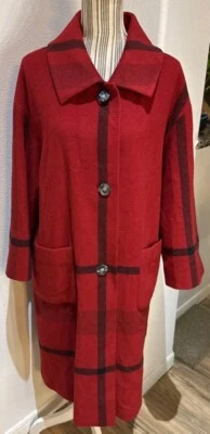 Pendleton Womens Red Check Wool Long Button Up Trench Coat Jacket Pockets Sz 12 - Image 1 of 4