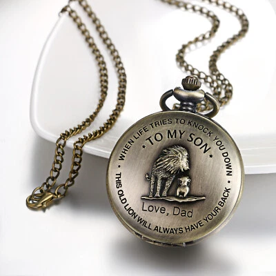 Bronze Tone Lion Quartz Pocket Watch Engraved to My Son Love Dad Men's Boys - Image 1 of 4