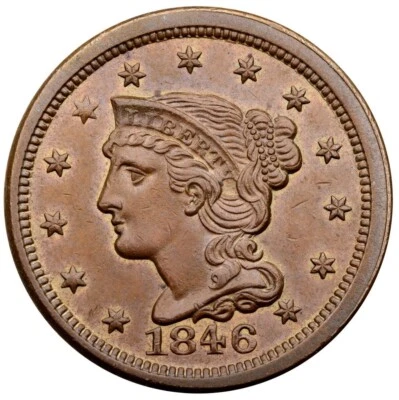 1846 N-10 R-3+ Braided Hair Large Cent Coin 1c - Image 1 of 2