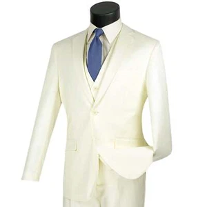 VINCI Men's Ivory 3-Piece 2-Button Slim Suit w/ Matching Vest - NEW - Picture 1 of 81