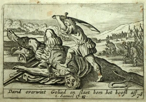 1700 Gravure estampe de la Bible l'ancien testament DAVID DÉCAPITE GOLIATH - Imagen 1 de 2