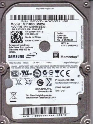 ST1000LM024 p/n: HN-M101MBB/D1 -G14A- s/n: S2W 06/2012  *PAUNI_L2957*PA VID=0006 - Image 1 of 2