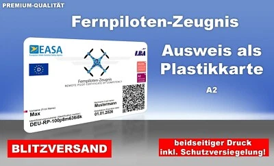 MARKENLOS :: EU Fernpiloten-Zeugnis A2 Karte,Plastikkarte,Scheckkartenformat,Ausweis ::