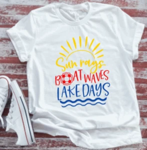 Camiseta blanca manga corta unisex Sun Rays, Boat Waves, Lake Days - Imagen 1 de 2