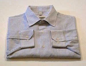 Geoffrey Beene Mens Large 16 1/2 Neck 34-35" LS Blue White Plaid Pocket Shirt - Picture 1 of 4