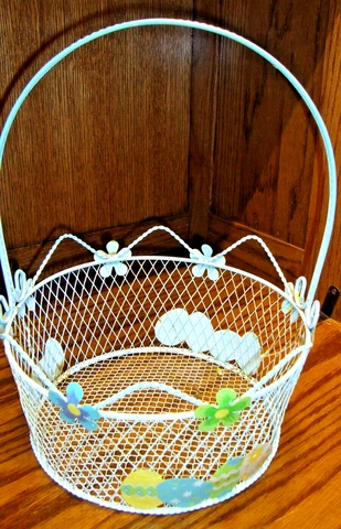 Large Blue Metal Wire Easter Basket w/Handle~Accents Decorated Eggs/ Flowers 831 Cover