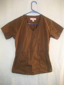 Womens Koi by Kathy Peterson SS Brown Medical Scrub Uniform Top Shirt sz S - Picture 1 of 4