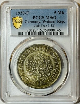 *Weimar Germany 1930-F 5 Mark Oak Tree, PCGS MS62 - Image 1 of 2