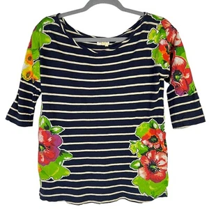 Meadow Rue Anthropologie Top XS Navy Blue Stripe Knit Floral Applique 3/4 Sleeve - Picture 1 of 11