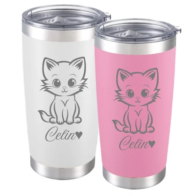 SUPPLYMARTONLINE 20oz Engraved Cute Kitten Design Tumbler, Personalized Gift for Cat Mom & Dad