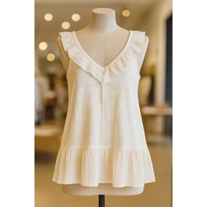 Blusa informal sin mangas crema sin mangas con volantes dobladillo peplum - Imagen 1 de 10