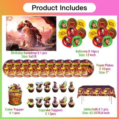 Donkey Kong Bananza Party Supplies Set Banner Balloons Plates Cups Tablecloth - Image 1 of 4