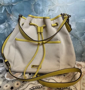 Coach Avery Canvas Bucket Shoulder Bag w/Drawstring Closure Yellow Trimmed Purse - Picture 1 of 13