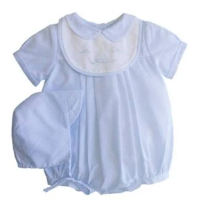 Petit Ami Blue Romper with Embroidered Sailboat Bib and Hat 3 6 9 Months - Picture 1 of 1