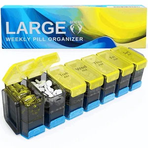 Organizzatore Pillole Settimanale Extra Large 2 Volte al Giorno XL Portapillole Am Pm Giallo Blu - Foto 1 di 6