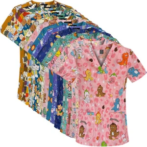 Medical Printing Scrub Tops V-Neck 100% Cotton Women Men Hospital Clinic Uniform - Picture 1 of 26