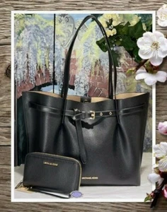 NEU MIT ETIKETT MICHAEL KORS EMILIA LARGE E/W Beuteltasche Umhängetasche TASCHE & GELDBÖRSE SET in SCHWARZEM Leder - Bild 1 von 12