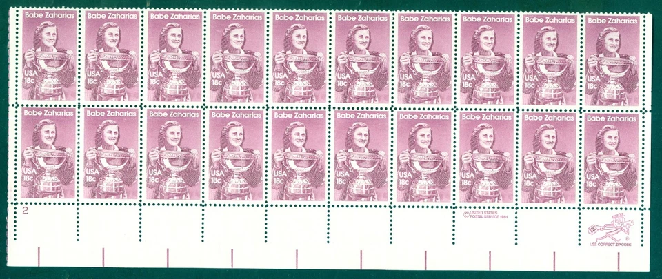 US Scott 1932 Babe Zaharias Golf Great, Plate #2 Block/20, Mint NH - Image 1 of 1