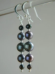 Peacock Black Freshwater Pearls Graduating & Sterling Silver Long Drop Earrings - Picture 1 of 15