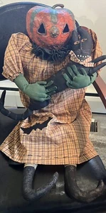 Halloween PUMPKIN LADY WITH BLACK CAT Fabric Primitive Folk Art  - Picture 1 of 20