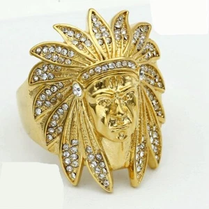 Men Stainless Steel,Cubic Zirconia Ring,Native american Indian Gold plated Box - Picture 1 of 3