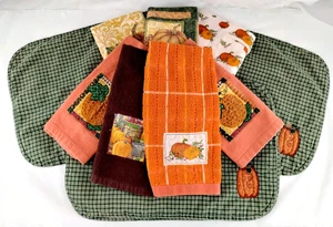 Mantel individual y toallas de cocina vintage - hojas de calabaza otoño otoño - juego de 12 - Imagen 1 de 11