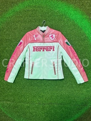 Women's Vintage Ferrari Pink Racing Leather Jacket Real Cowhide Leather Jacket - Image 1 of 4