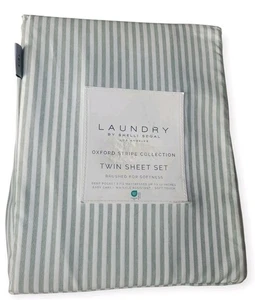 Laundry TWIN Sheet Set Oxford Stripe Sage Green Wrinkle Resistant Soft Touch - Picture 1 of 3