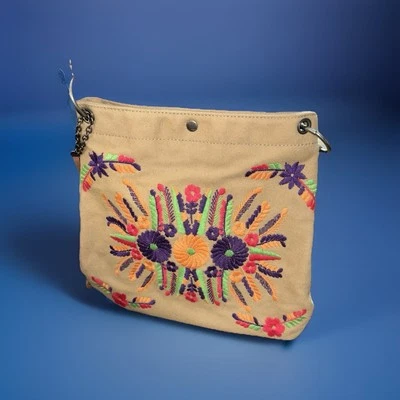Bolso Bandolera Lucky Brand Lona Imitación Gamuza Beige Floral Bordado Boho Hippie Foto 1 de 4