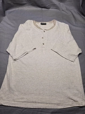 Vintage Expressions Men’s Large Striped Henley Shirt Beige Tan Textured Knit 80s - Image 1 of 4