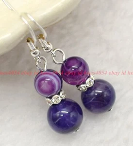 Natural 8-10mm Round Purple Stripe Agate Gemstone Beads Hook Dangle Earrings - Picture 1 of 8