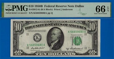 1950B $10 Federal Reserve Note PMG 66EPQ 2nd Highest Graded Fr 2012-K - Image 1 of 3