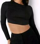 Ladies Size 8 Boohoo Black Long Sleeve Cropped Top Jumbo Rib Knitted Jersey 