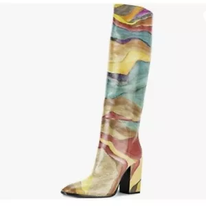 FSJ Women Fashion Knee High Stretch Long Boots Round Toe Block Chunky Heel - Picture 1 of 7