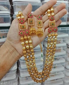 Juego de joyas de piedras de perlas en tono dorado de Bollywood indio para mujer - Imagen 1 de 4