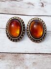 Vintage Clip On Earrings Browny Amber Tone Gem with Halo 1.25"