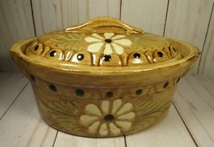 Studio Art Pottery Covered Dish Oval Golden-Brown Daisies 7" x 4" Kitchen Decor. - Picture 1 of 6
