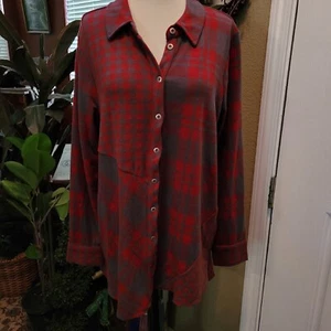 Soft Surroundings Fleece Top Damen rot grau Büffel kariert Hemd Large - Bild 1 von 8