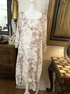 Papier Spitze Baumwolle 3/4 Ärmel Tunika Kleid M Landhaus Blumen fließend weiß & braun - Bild 1 von 20