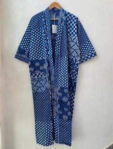 Cotton Kimono Indian Indigo Kaftan Patchwork Beach Summer Bathrobe Blue One Size - Picture 1 of 6
