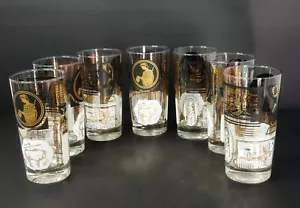Rare 50'S Dominion 7 Highball Tumblers Glasses Greek Key Gold Black White MCM - Bild 1 von 5