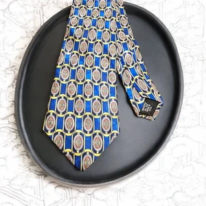 Seidenkrawatte mit geometrischem Muster blau & gold Made in USA breite Krawatte - Bild 1 von 7