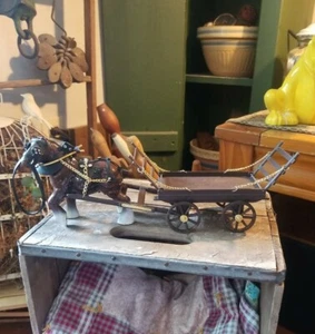 VINTAGE BROWN SHIRE HORSE & WAGON CART PLASTIC EQUESTRIAN TOY HONG KONG 13" - Picture 1 of 24
