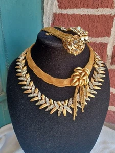 VINTAGE SIGNED CORO MESH GOLD TONE TASSEL RHINESTONE NECKLACE BRACELET LOT - Picture 1 of 16