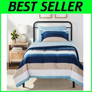 5-Piece Lightweight Microfiber Bed Set, Blue Stripe - Picture 1 of 9