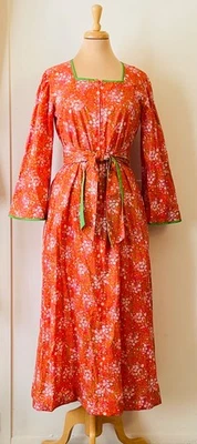 Vestido Christian Dior Talla M Lounge Wear en Algodón Floral Naranja con Borde Verde Foto 1 de 4