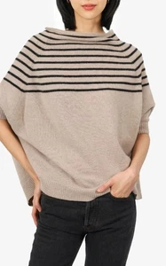 Zen Cashmere 100% Cashmere Beige Black Striped Pullover Sweater Luxury Medium - Picture 1 of 6