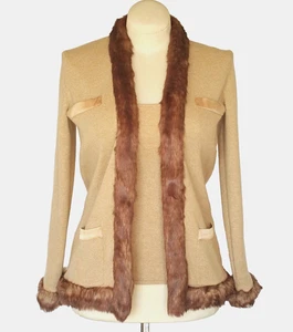 Randolph Duke Sweater Jacket & Top Suit Set Twinset NEW 2 pc Tan Faux Fur Sz XS - Picture 1 of 11